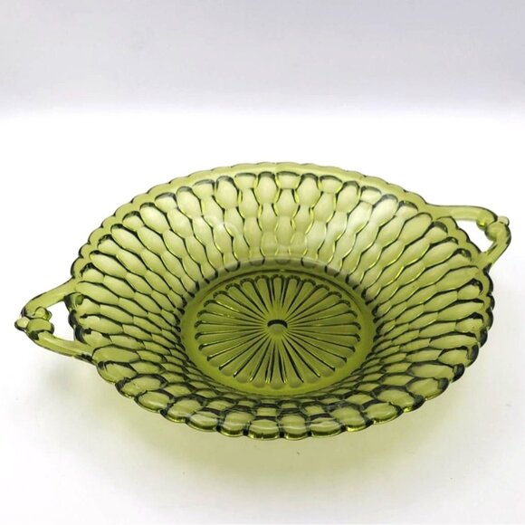 Vintage Indiana Glass Honeycomb Avocado Green Two-Handled Candy Serving Dish - Picture 1 of 6